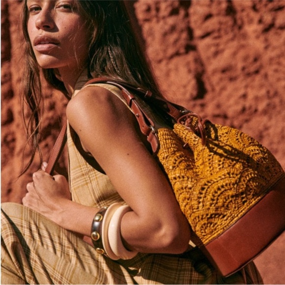 Sezane Alma Bucket Bag Ochre Raffia Leather Brown Shoulder Crossbody Purse Rare - Picture 3 of 16
